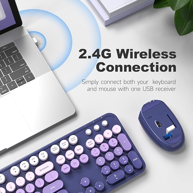 Wireless Keyboard and Mouse Combo MOWUX Full Size Typewriter Retro Round Computer Keyboard Cute Optical Mouse Wireless Plug and Play for Laptop PC Computer- Purple Gradient