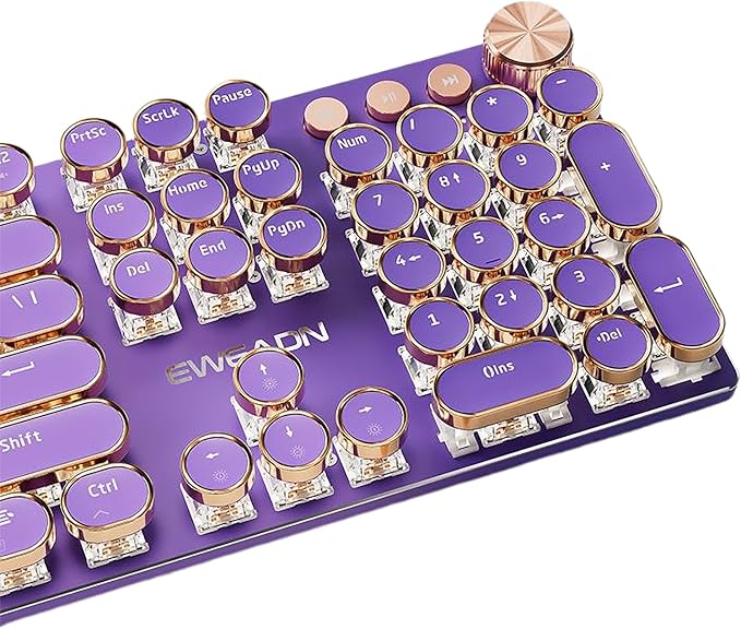 Typewriter Style Mechanical Gaming Keyboard White LED Backlit 104-Key NKRO Pink Switches Retro Round Keycaps Golden Ring Volume Knob Metal Panel Wired USB-C Detachable Cable Purple