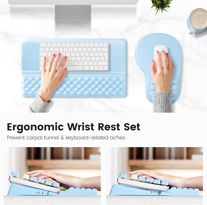Ospelelf Ergonomic Mouse Pad and Keyboard Stand Wrist Rest Set Memory Foam Comfort Pain Relief for Typing Office Desk AccessoriesBlue
