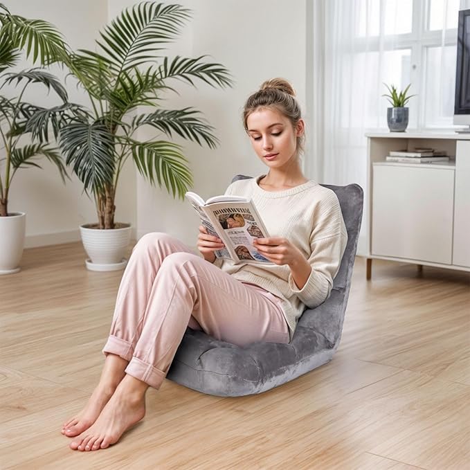 Nouva Adjustable Floor Chair 14-Position Sofa Bed Foldable Cushion Video Gaming Chairs Bean Bag Chair Reading Seating for Adults Kids Teens for Bedroom Living Room Indoor UseGrey