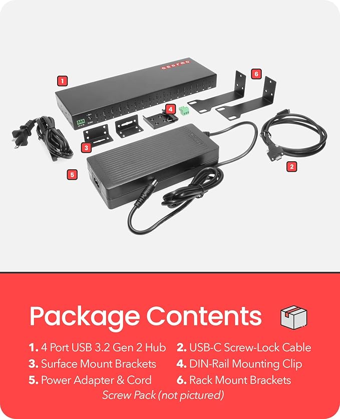 Gearmo Rugged 16 Port USB 3.2 Gen 2 Type-C Hub 10Gbps Rack Mount ESD Surge Protection