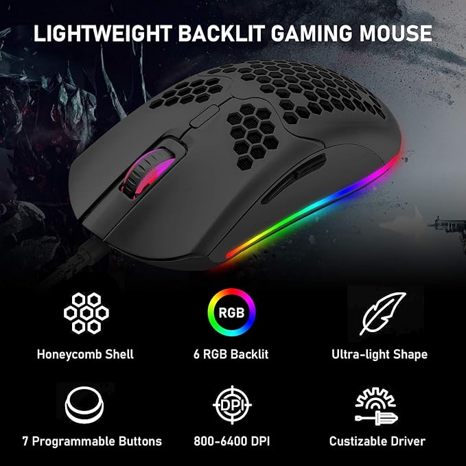 LexonElec K2 Mechanical Gaming KeyboardBlue Switch Mini 82 Keys Wired Rainbow LED Backlit KeyboardLightweight Gaming Mouse DPI Adjustable Honeycomb Optical for MAC PC Gamers(Black)