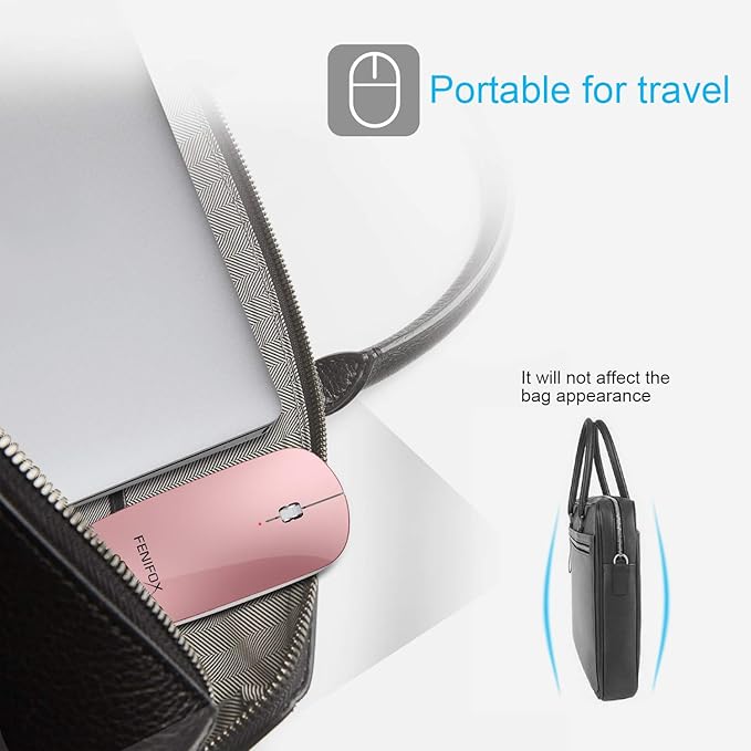 FENIFOX Bluetooth Mouse Slim Whisper-Quiet Mini Flat Portable Mobile Mice Rechargeable Compatible with LaptopPCAndroid Windows Tablet (Rose Gold)