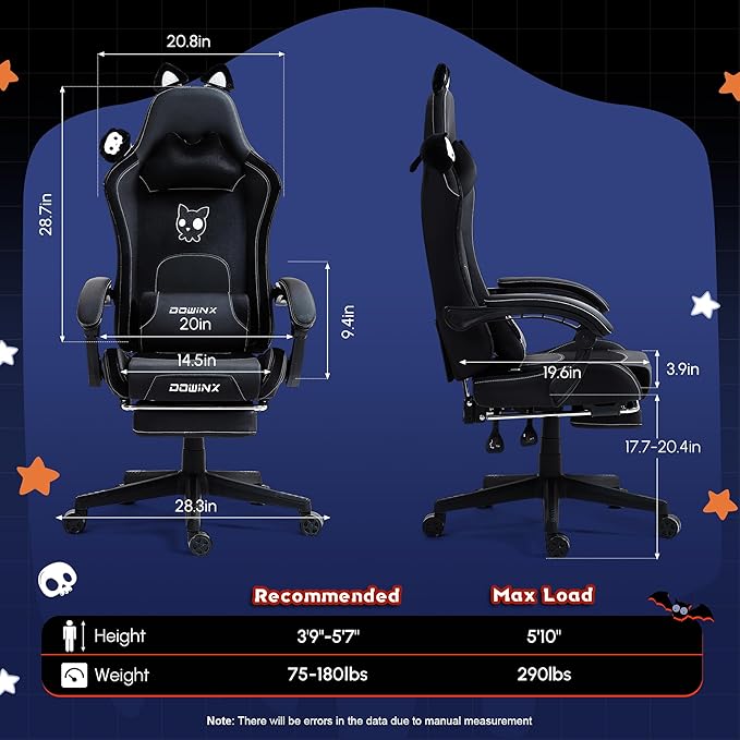 Dowinx Gaming Chair Cute with Cat Ears and Massage Lumbar Support Ergonomic Computer Chair for Girl with Footrest and Headrest Comfortable Reclining Game Chair 290lbs for Adult Teen White