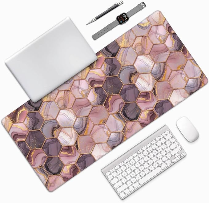 Pink Geometric Marble Large Mouse Pad Gaming Mousepad with Wrist Support Rubber Computer Keyboard Mat for Desk Laptop Non-Slip Full Deskmat Protector Waterproof Writing Pad Office Home 16x35.5 in