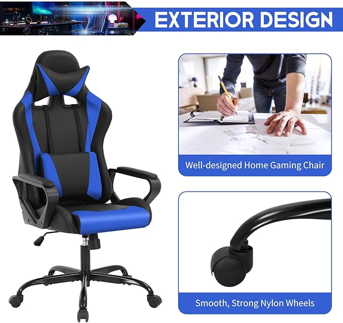 BLKMTY Gaming Chair Video Game Ergonomic Office Racing Computer PU Leather Chair - High Back Executive Task with Lumbar Support Headrest Swivel Chairs Blue