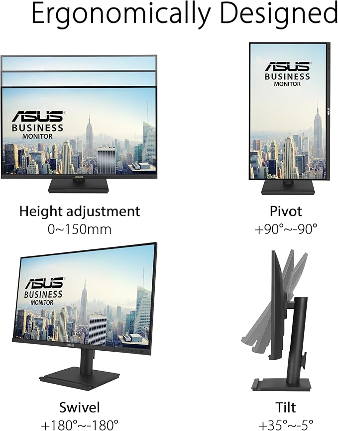 ASUS 27 1440P Business Monitor (BE27AQG) - QHD (2560x1440) IPS 120Hz Ergonomic Design Speakers Height Adjustable Power Sync Eye Care VESA Wall Mountable 3 yr Warranty TAA Compliant