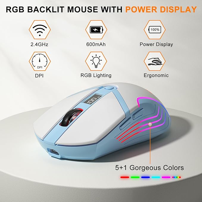 BlueFinger 75% Wireless Gaming Keyboard and Mouse with Smart Display Rechargeable Light Up Wireless Keyboard with Knob Control RGB Backlit Gaming Mouse for Mac Laptop Computer PC Gamer