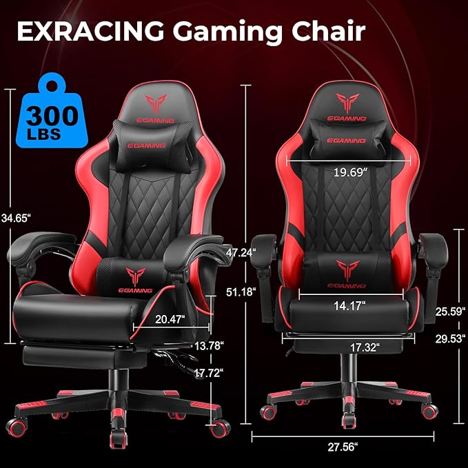 EXRACING Gaming Chair Ergonomic Computer Chair with Footrest and Lumbar Support Height Adjustable High Back Leather Office Chair 360° Swivel with Linked Armrest for Adult and Teen (Red)