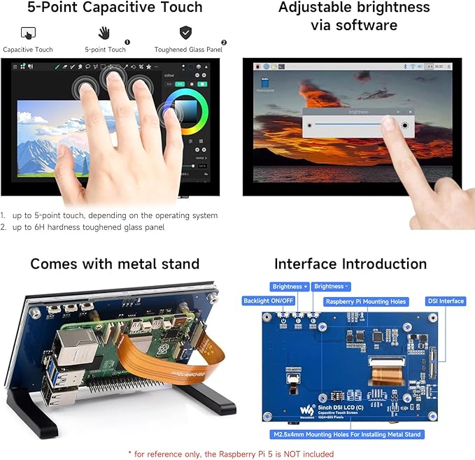 waveshare 5inch Capacitive Touch Display compatilbe with Raspberry Pi 5/4B/3B/CM4/3 DSI Interface IPS Panel 1024x600 Pixels Toughened Glass Panel No Driver Required