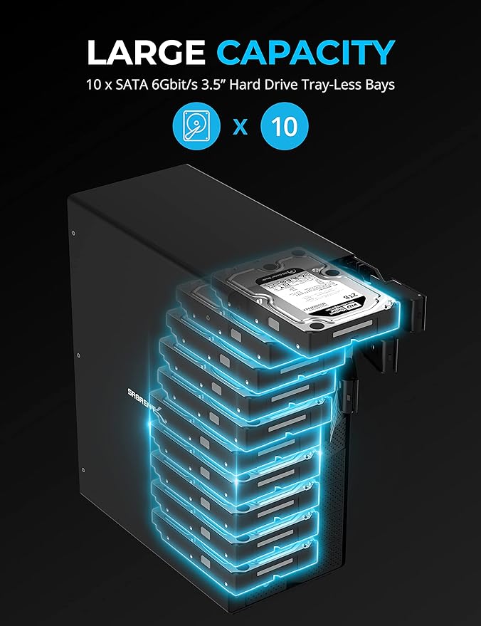 SABRENT 10-Bay USB 3.2 Gen 2 SATA Docking Station for 3.5” HDD/SSD 10 Gbps USB-C DAS Tray-Less Hot-Swap Aluminum Enclosure Dual Cooling Fans Individual Power Switches No RAID (DS-UCTB)