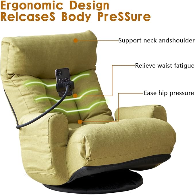 Swivel Gaming Chair Adjustable Head and Waist Floor Gaming Rocker with Armrests &amp Side Pocket &amp Phone Holder Lazy Lounger Couch for E-Sports Reading Relaxing Watching TV (Green)