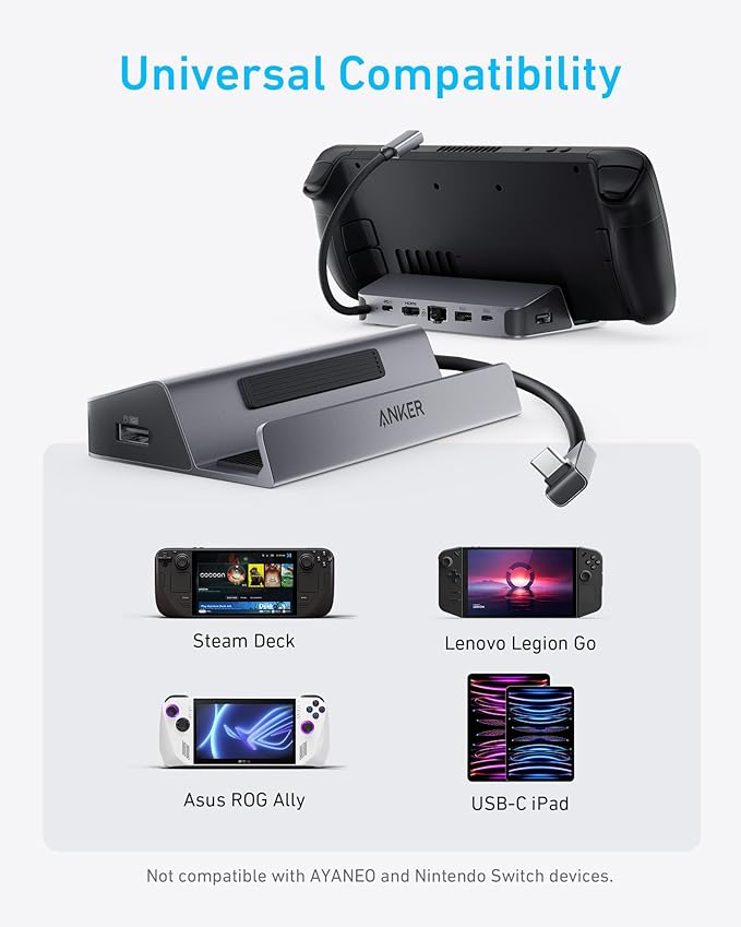 Anker Steam Deck Dock Docking Station for Steam Deck (OLED)/ROG Ally/Legion Go 6-in-1 USB C Hub with HDMI 4K@60Hz 1Gbps Ethernet 2 USB-A and 1 USB-C Port 90W Fast Charging (Not for Rog Ally X)