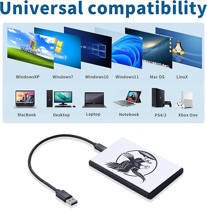 Plicnla Portable External Hard Drive 500GBUSB 3.0 USB-C Storage Expansion for PC Mac Desktop Laptop PS4/5 Xbox One X/S Xbox 360 (Bald Eagle)