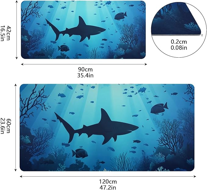 Mouse Pad Desk Mat Leather Desk Pad Large Gaming Desk Cover Protector Mat for Keyboard Computer Laptop Office Waterproof 47.2 x 23.6 Inch Sharks Coral Reef Tropical Blue