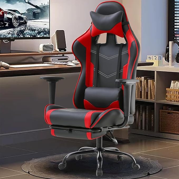 PC Gaming Chair with Footrest Ergonomic Home Office Chair with Lumbar Support &amp Headrest Pillow Height Adjustable Swivel Recliner Racing Computer Video Game Chairs Red