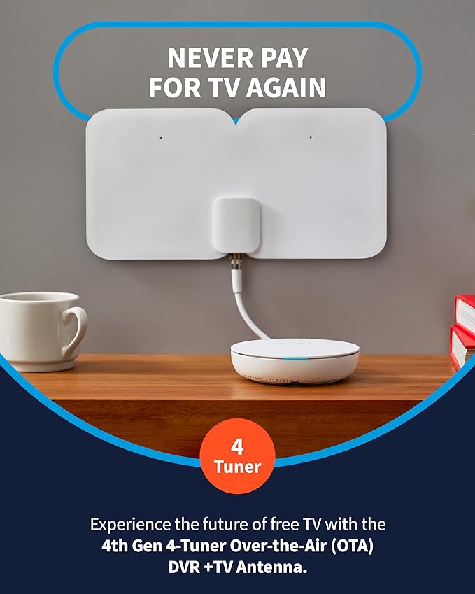 Tablo 4th Gen 4-Tuner Over-The-Air (OTA) DVR + 35-Mile Indoor TV Antenna - Watch Pause &amp Record Live TV News Sports &amp Movies in Your Home Over Wi-Fi - 50+ Hrs Recording - No Subscriptions (