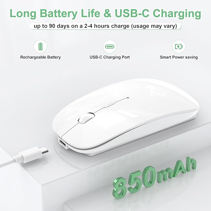 Wireless Mouse for Laptop/MacBook Air/Pro &amp iPad Mouse Jiggler Mode Bluetooth 5.2/2.4G Rechargeable Silent Click 3-Level DPI Slim Portable USB-A&ampC Receiver (Mouse Jiggler Mode White)