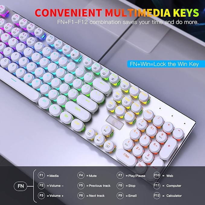 HUO JI E-Yooso Z-88 Wired Typewriter Style Mechanical Gaming Keyboard Programmable RGB Backlit Blue Switches - Clicky USB-C Cable Metal Panel 104 Double-Shot Keycaps for PC White