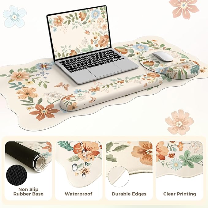 Scalloped Office Desk Cover Mat+Keyboard Wrist Rest+Mouse Wrist Rest+Coaster SetScalloped Desktop mat for Teacher Desk CoverPastel Home Office Essentials