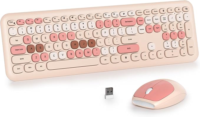 Surmen Cute Colorful Beige Keyboard and Mouse Wireless Silent Full-Size Retro Typewriter Wireless Quiet Slim Keyboard Low-Noise 2.4GHz for Computer Desktop Laptop(Beige)