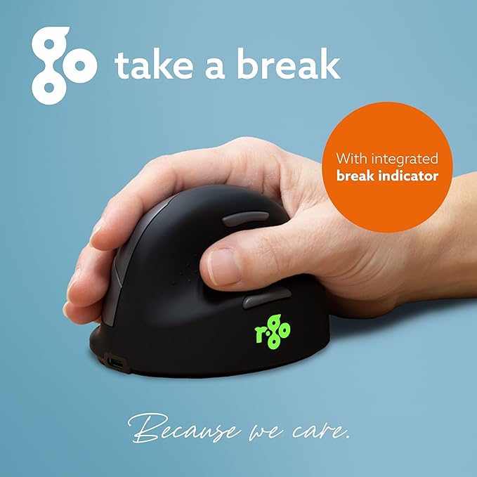 R-Go HE Vertical Ergonomic Mouse Wireless Bluetooth 5.0 for Large Hand with Break Software Prevents Tennis Elbow/Mouse Arm RSI Silent Click 5 Buttons - Compatible Windows/MacOS Black