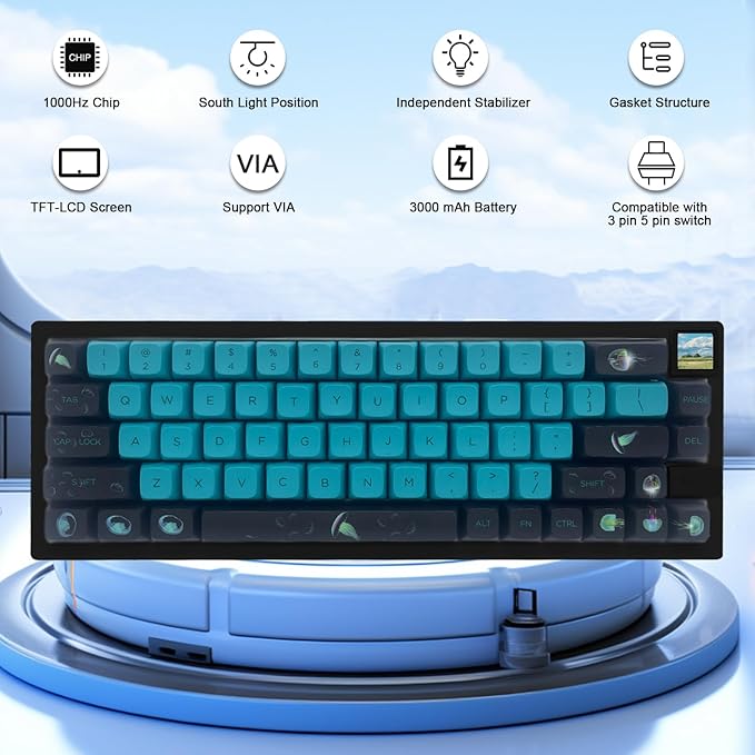 GMK67S Keyboard Barebones Kit65% Gasket Mount Hot Swap PCB Tri-Mode BT5.0/2.4G/Type-C Wireless Mechanical Keyboard with TFT-LCD Screen VIA Programmable Custom RGB Gaming Keybaord DIY Kit (White)