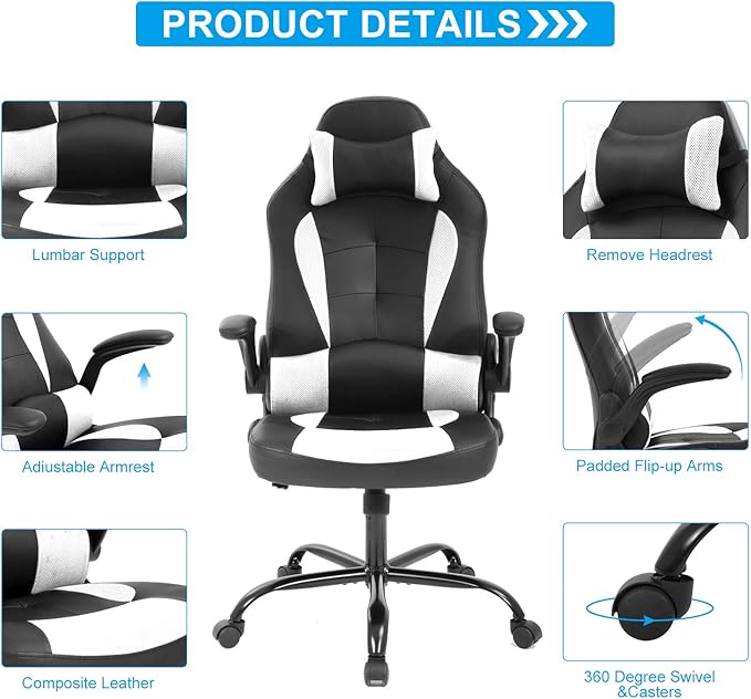Office Chair PU Leather Desk Gaming Chair High Back Racing Height Adjustable Computer Chair with Back Lumbar Support and Removable Headrest Executive Swivel Chair Flip-Up Armrest Task Chair- White