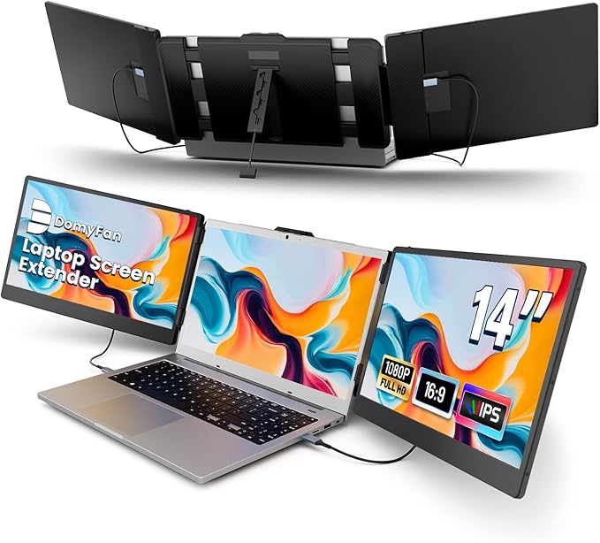 domyfan 14 Laptop Screen Extender FHD 1080P IPS Triple Portable Monitor for Laptop HDMI/USB-A/Type-C for Windows Mac Android Chrome Switch &amp PS5 Work with 13.3”-17” Laptops
