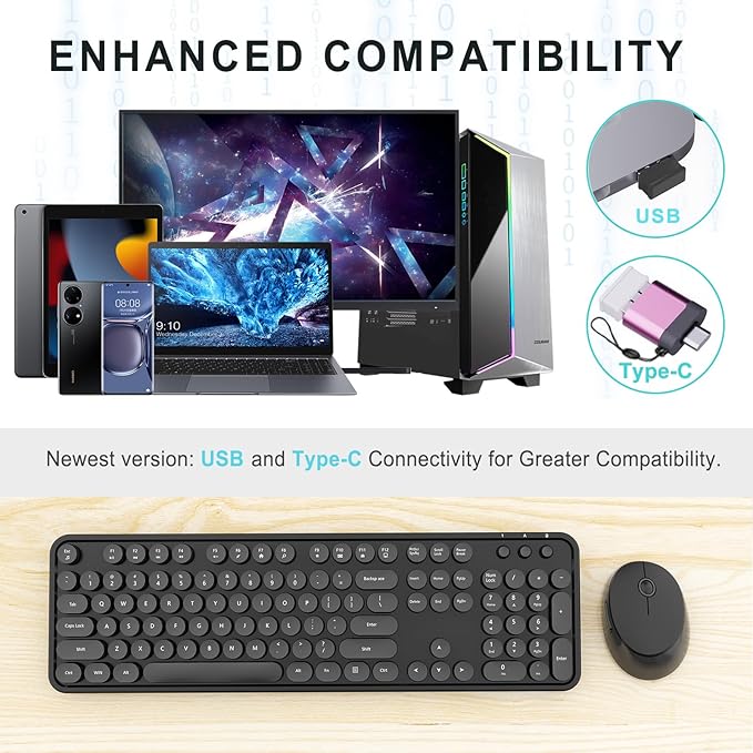 Wireless Keyboard and Mouse Combo Ergonomic Full Size Typewriter Retro Round Keycaps Keyboard Compatible with Windows PC Perfer for Home and Office Keyboards (Black