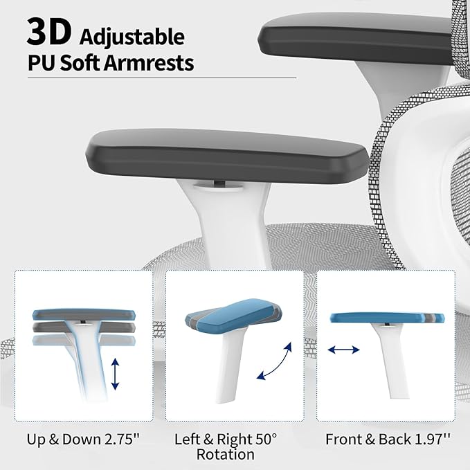 PatioMage Ergonomic Office Chair Big and Tall Desk Chair with Adjustable Lumbar Support &amp Seat Depth High Back Computer Chair Swivel Mesh Chairs with Wheels for Home Office White