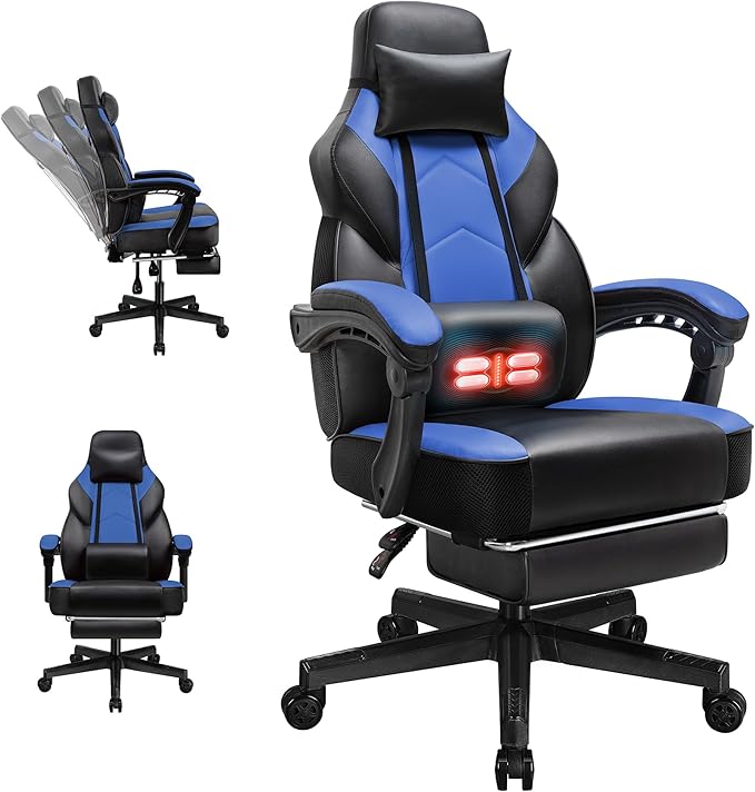 Gaming Chairs for Adults Computer Chair with Footrest and Ergonomic High Back Big and Tall Gamer Chairs with Massage Lumbar Support 360° Swivel Height Adjustable Gaming Chair Blue