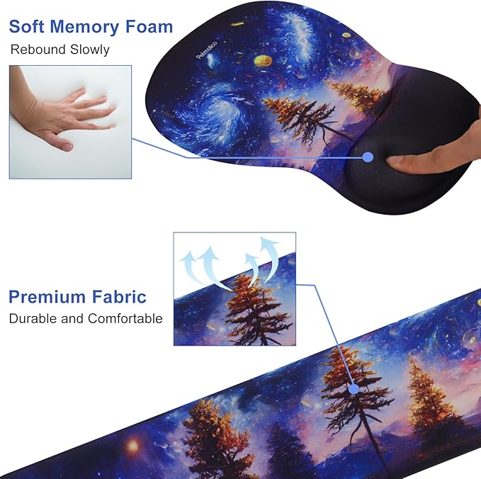 Petmolico Wrist Rest Set with Computer Keyboard Desk PadMouse Wrist RestKeyboard Typing Wrist Pad and Cup CoastersErgonomic Design for Typing Pain Relief [Blue Aurora Night Sky]