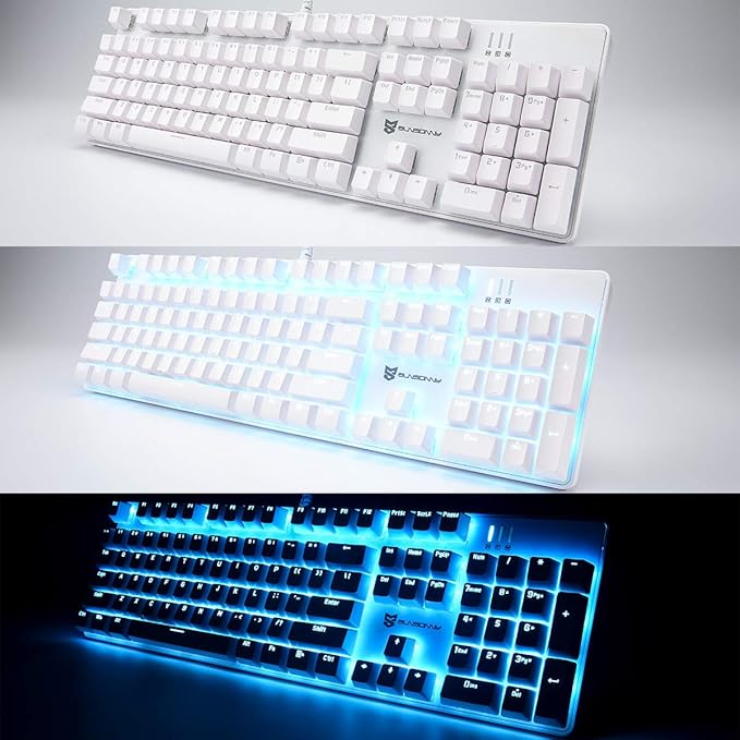 104 Keys Full Size Mechanical PC Gaming Keyboard | Brown Switch Hot Swappable White Mechanical Wired Computer Keyboards | Ice Blue LED Backlit 104 Keys US Layout Light Up Wired Gaming Keyboard