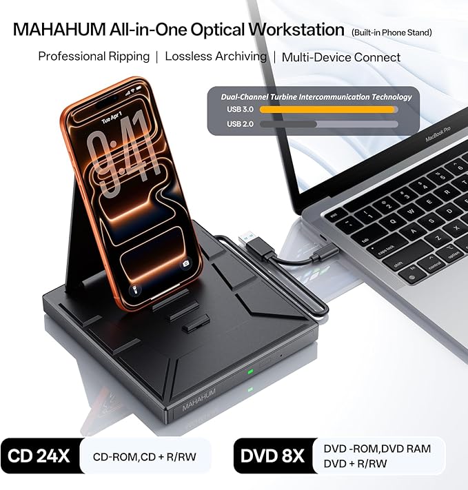 9-in-1 External CD/DVD Drive with Phone Holder USB 3.0 &amp Type-C Portable DVD±RW/CD Burner Plug and Play Optical Drive Compatible with Laptop PC Desktop Windows 11/10/8/7 Mac Linux