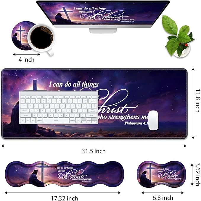 4 in 1 Ergonomic Memory Foam Mouse Pad Wrist Rest Set Large XXL Gaming Desk Pad + Keyboard Wrist Rest + Mouse Wrist Cushion + Coaster for Home Office Study Gaming Bible Verse Philippians 4:13