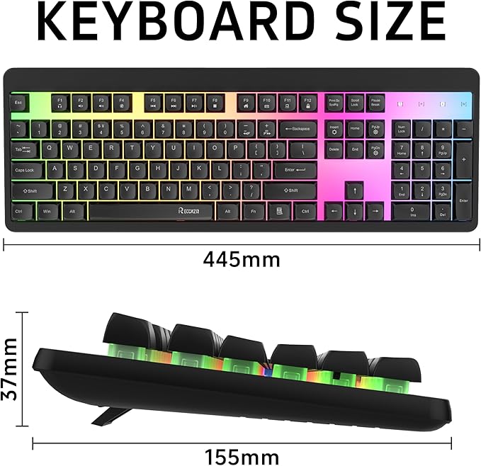 RECCAZR Rainbow LED Backlit Gaming Keyboard104 Full-Size Mechanical Feeling Multimedia PC Gaming Keyboard Anti-GhostingSpill-Resistant for PC and Office Device