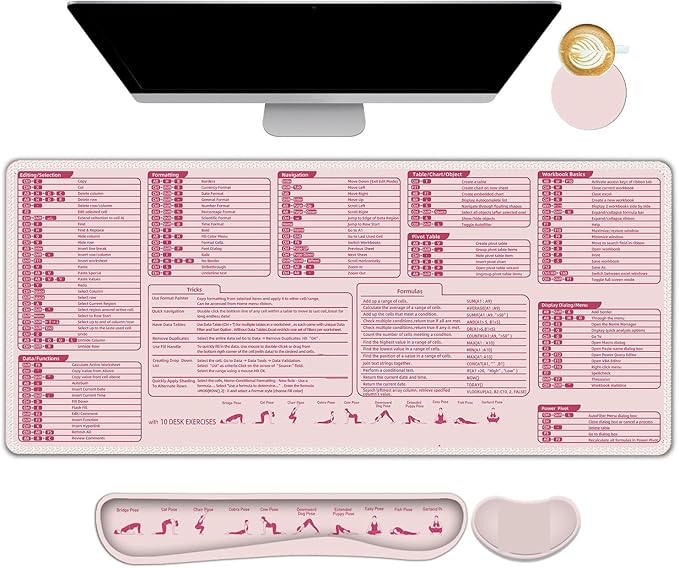 ARTSO Excel Shortcut Keys Mouse Pad Set Extended Large XL Cheat Sheet Gaming Mousepad with Wrist Rest Support Non-Slip Stitched Edge Keyboard Mat Pink