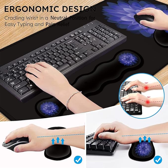 Ergonomic Mouse Pad Set Desk Mat(31.5×11.8 in) + Keyboard Wrist Rest Support + Mouse Wrist Rest + Coasters for OfficeHomeComputerLaptop -Purple Flowers Cute Black Gaming Large Mousepads XXL