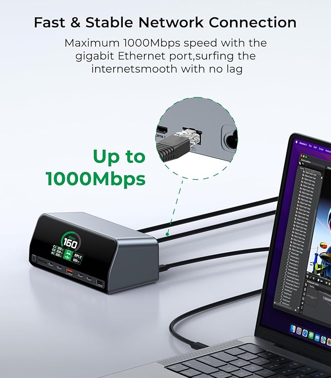 RayCue USB C Docking Station 13-Port Dual 4K Display Laptop Docking Station with 160w Max USB-C Output 2.26''LCD Smart Display 10Gbps USB A/C PortsEthernet Ports for macOS and Windows