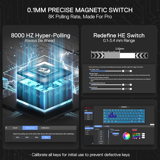 Redragon K617 HE Rapid Trigger Gaming Keyboard 60% 61 Keys Wired Mechanical Keyboard w/Hyper-Fast Actuation Dedicated Hall Effect Magnetic Switch Actuation Point Adjustable Essential Black