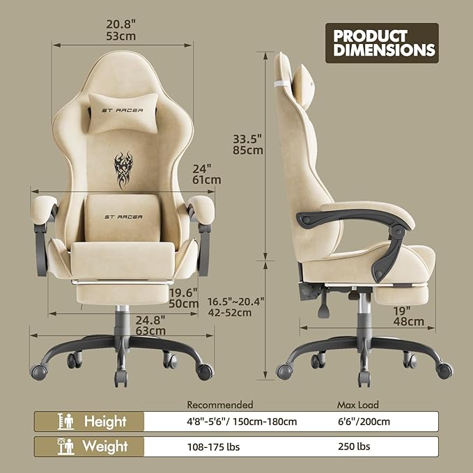 Ferghana Velvet Fabric Gaming Chair Ergonomic Gamer Chair for Adult Comfortable Video Game Chair with Footrest and Massage Lumbar Cushion Racing Reclining Office Home Computer Desk Chair Beige