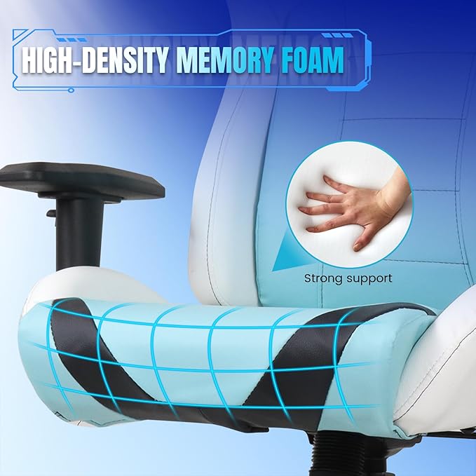 DIKEP Gaming Chair Video Game Chair with Footrest Lumbar Support Headrest PU Leather High Back Computer Chair for Home Office Cyan White