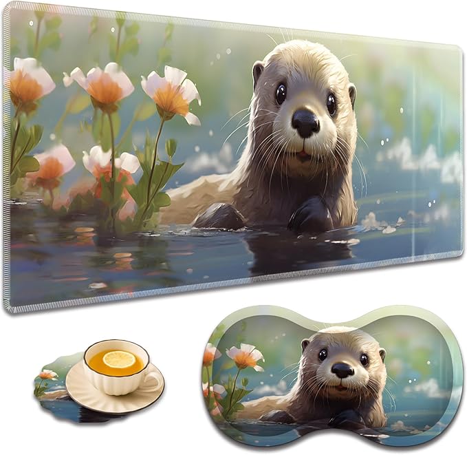 Large Game Mouse Pad + Wrist Support Pad + Coffee Coaster Desk Pad with Sewn Edges Anti-Slip Set pad Suitable for Office Work and Home - Cute Otter