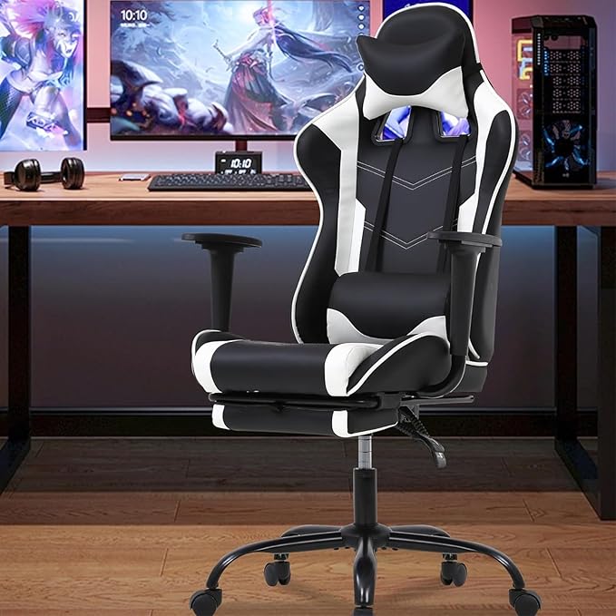 PC Gaming Chair with Footrest Ergonomic Home Office Chair with Lumbar Support &amp Headrest Pillow Height Adjustable Swivel Recliner Racing Computer Video Game Chairs White
