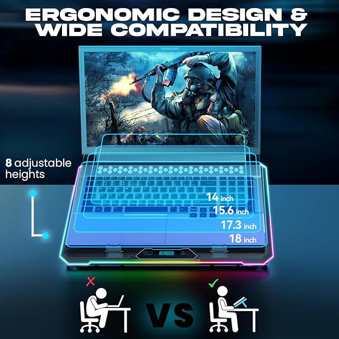 KLIM V15 Gaming Laptop Cooling Pad with 15 Fans + RGB Laptop Cooler + Adjustable Gaming Laptop Stand with Fan + Compatible up to 17 Inches + 2 USB Ports + Smartphone Holder + 5 Years Protection