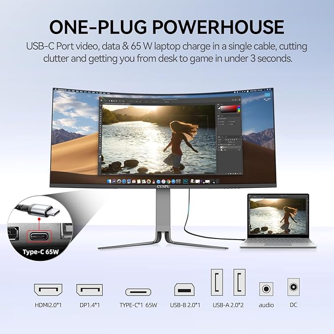34 Inch Ultrawide Productivity Curved Monitor 65W USB-C &amp KVM 3440x1440 WQHD 165Hz 21:9 R1000 Display 100% sRGB for Work and Gaming 4000:1 Height Adjustable PIP/PBP HDMI DisplayPort