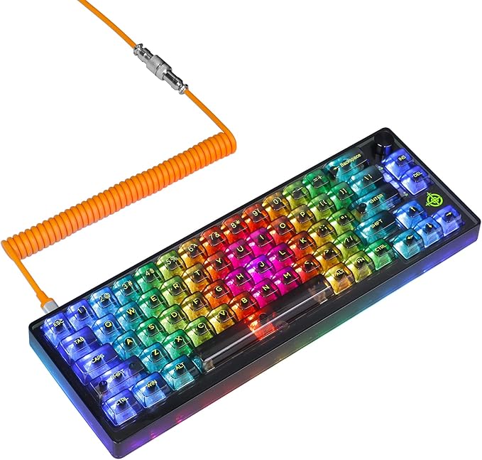 65% Hot-Swap Wired Mechanical Gaming Keyboard Programmable with Transparent 66 Key Full Side RGB OWERTY Linear Ice White Switch Custom Coiled C to A Cable Media Knob 2-IN-1 Case for WIN/PC/MAC(Black)