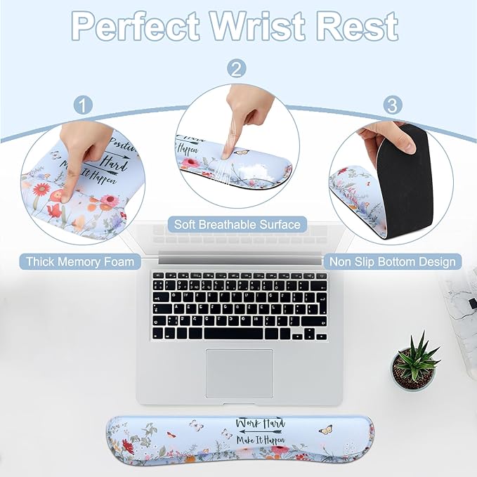 MEGREZ 4-in-1 Ergonomic Memory Foam Wrist Rest Set Desk Pad Mouse Pad with Wrist Rest Keyboard Pad Suitable for Office Workers Programmers &amp Gamers–Relieve Typing &amp Gaming Fatigue Light
