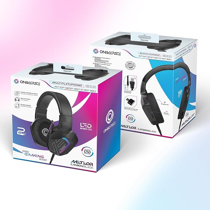 Oniverse Wired Gaming Headset with Adjustable Microphone Compatible with PS5 PS4 Switch Xbox PC Mac LED Gaming Headset 50mm Speakers Comfortable and Breathable Wired Jack – Meteor (Carbon Black)